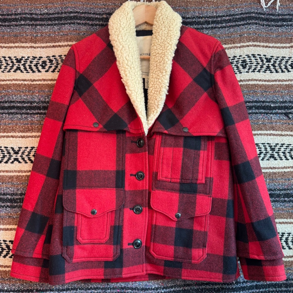 Denim & Supply Ralph Lauren Plaid Jacket Medium Red Buffalo Wool Sherpa Collar